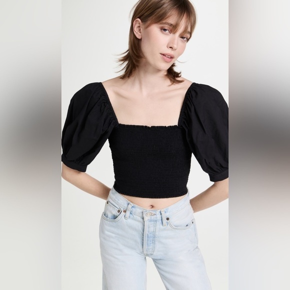 NWT XIRENA Issa Puff Sleeve Square Neckline Cropped Top Black Small - Picture 1 of 6